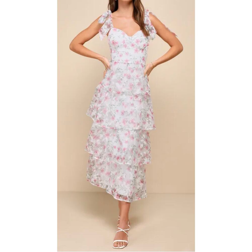 Lulus Endlessly Gorgeous White Floral Tie Strap Midi Dress NWT S